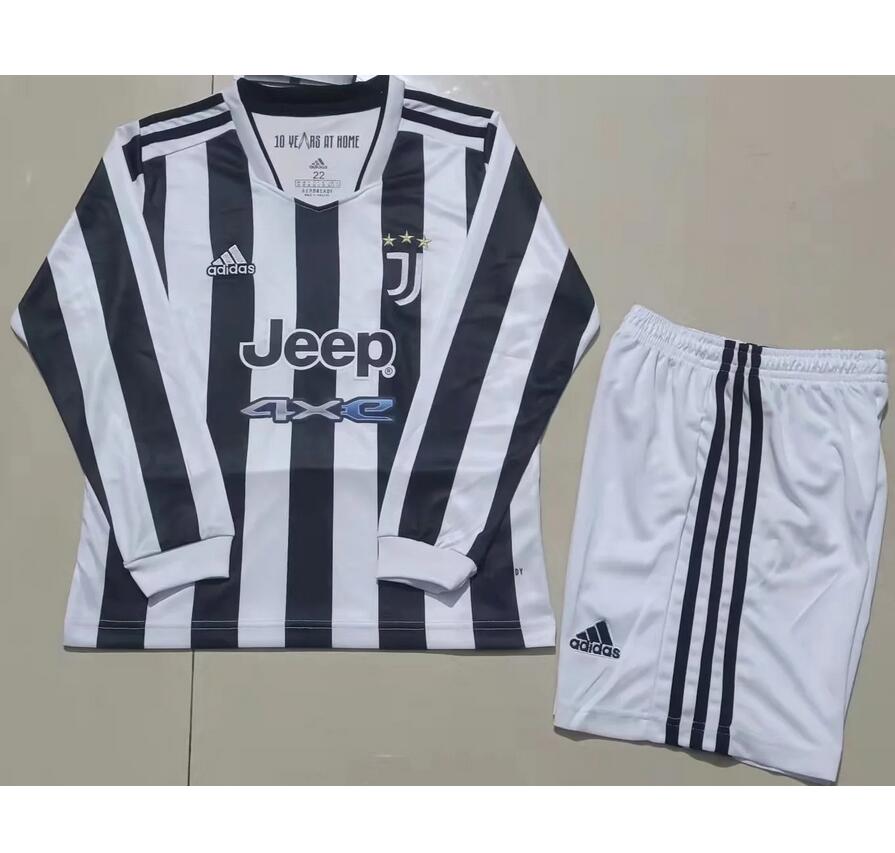 2021/22 Juventus Kids Long Sleeve Home Soccer Kits Shirt With Shorts